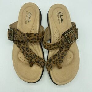 Clarks Brynn Madi Leopard‎ Women Size 6.5 Comfort Casual Suede Thong Sandals EUC